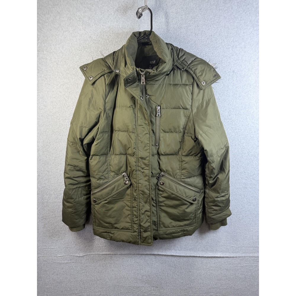 A.n.a Jacket Womens Medium Green Down Puffer Faux Fur Hood Zip Pockets Warm